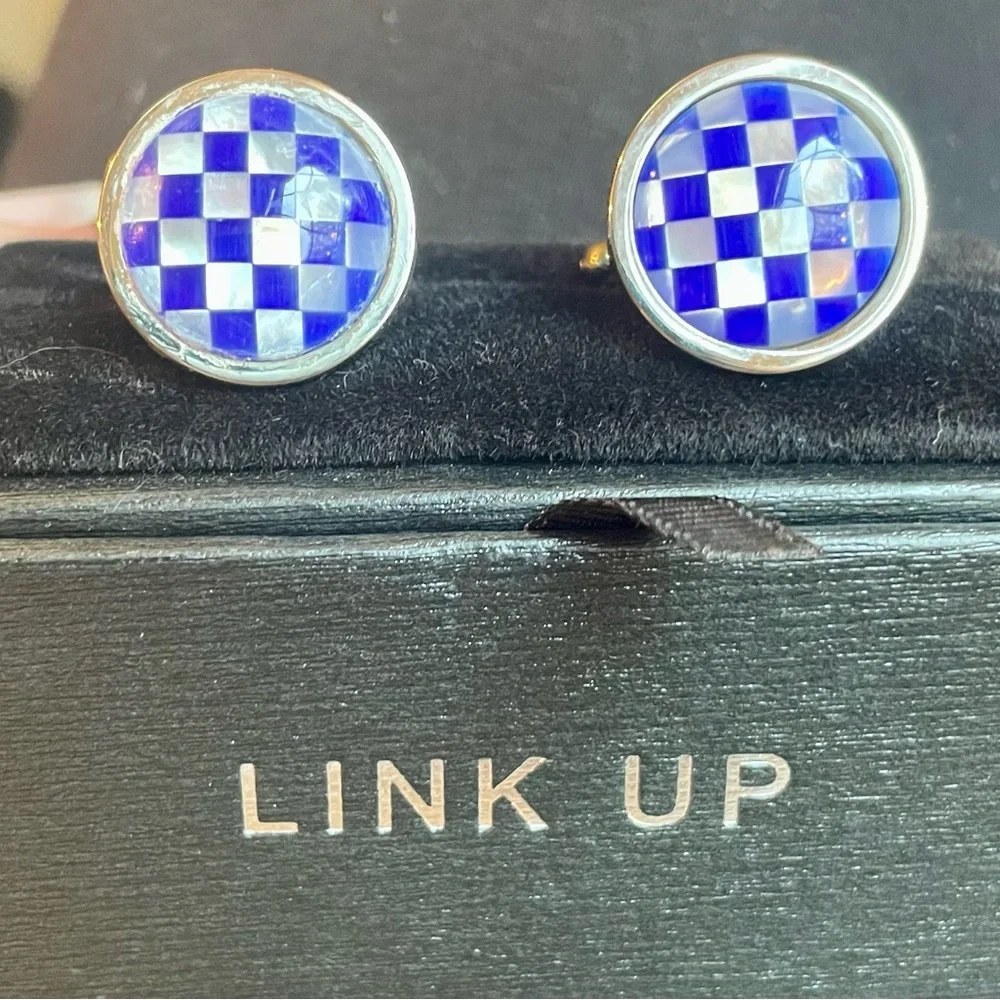 LINK UP cuff links silver tone - mother of pearl look & royal blue check pattern